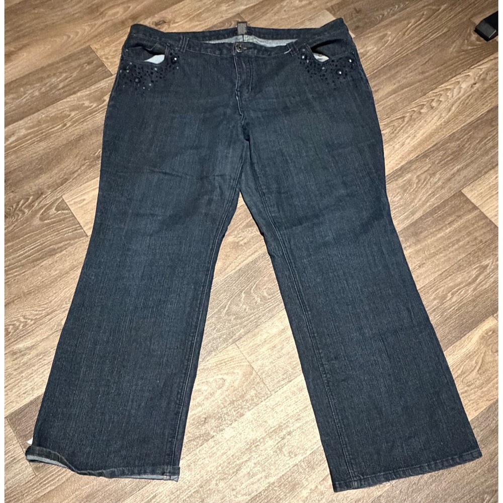 Ashley Stewart Women 24W Dark Wash Rhinestone Studded Wide Leg Denim Jeans